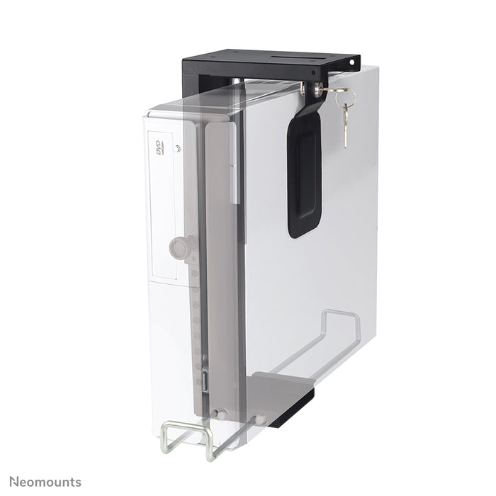Neomounts CPU-D075 zwart/LK is een steun waarmee u een PC aan het bureau bevestigt. Incl. slot.