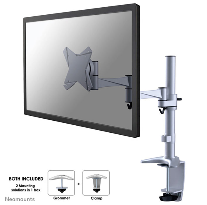 Neomounts FPMA-D1330 zilver is een bureausteun met 3 draaipunten voor flat screens t/m 30 inch (76 cm).