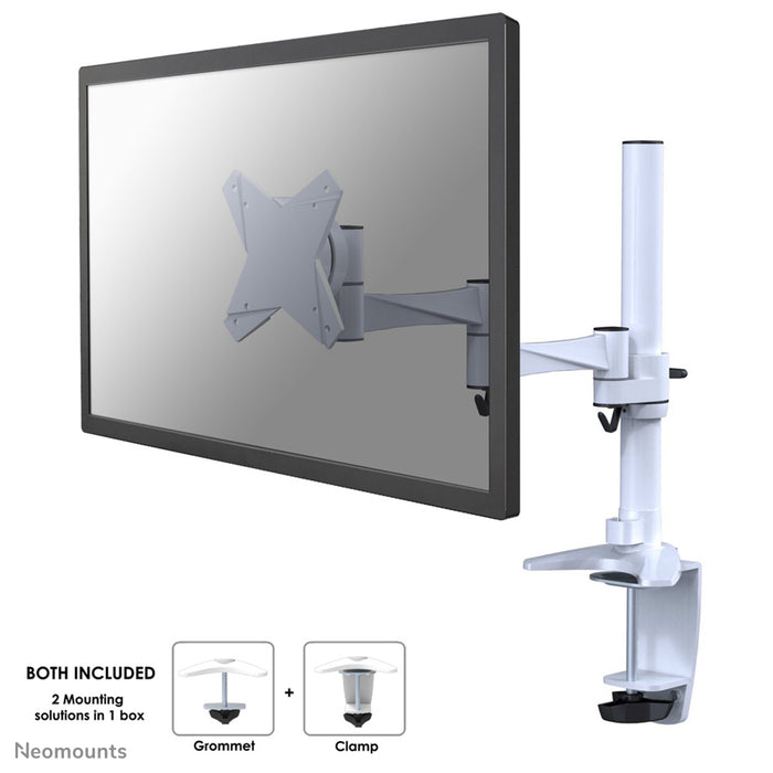 Neomounts FPMA-D1330 wit is een bureausteun met 3 draaipunten voor flat screens t/m 30 inch (76 cm).