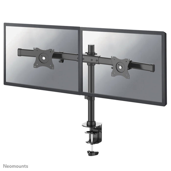 Neomounts FPMA-DCB100D zwart is een crossbar bureausteun voor 2 flat screens t/m 27 inch (69 cm).