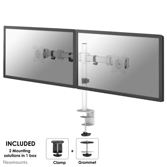 Neomounts NM-D135D wit is een bureausteun voor 2 flat screens t/m 27 inch (69 cm).