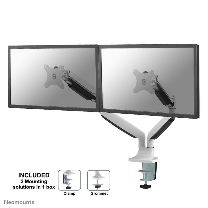 Neomounts NM-D750Dwhite is een gasgeveerde bureausteun voor twee flat screens t/m 32 inch (82 cm).