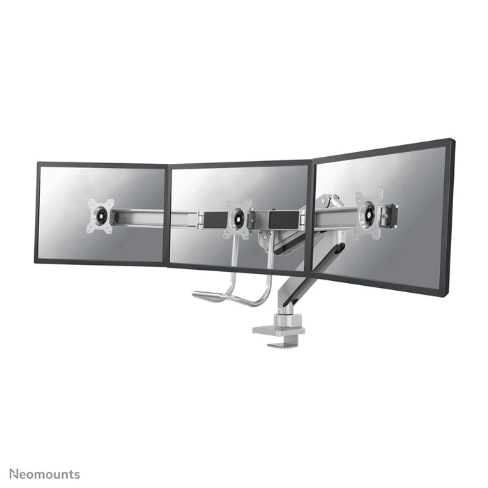 Neomounts NM-D775DX3SILVER is een gasgeveerde bureausteun met crossbar en hendel voor flat screens t/m 27 inch (68,6 cm).