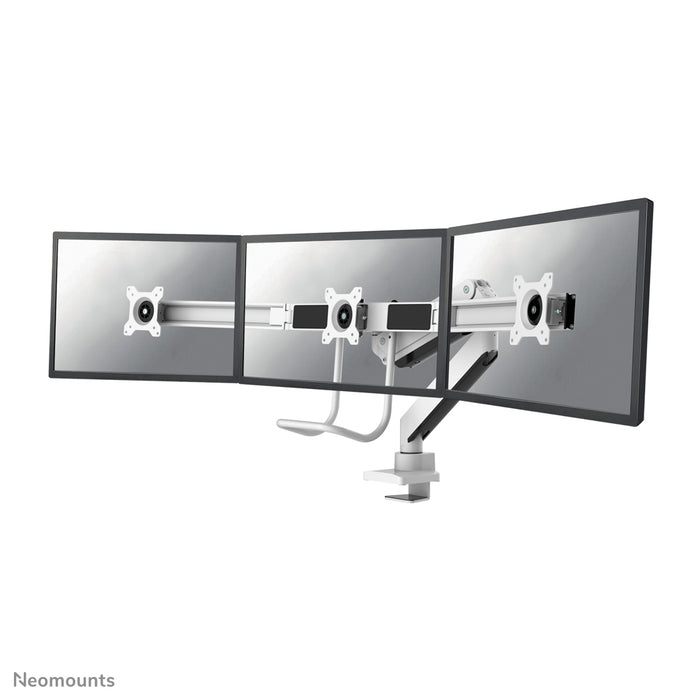 Neomounts NM-D775DX3white is een gasgeveerde bureausteun met crossbar en hendel voor flat screens t/m 27 inch (68,6 cm).