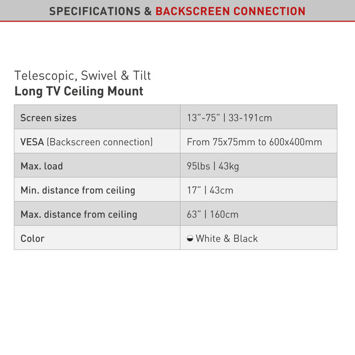 Barkan Mounts Lange telescoop plafondbeugel tot 75 inch |VESA 400x400 |Universeel |Kleur wit