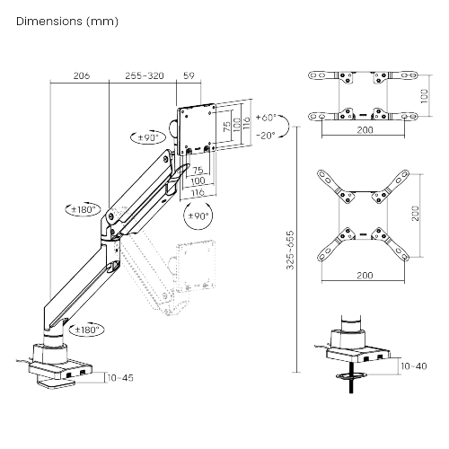 Bras de moniteur super lourd avec vérin à gaz et ports USB-A et USB-C - Max 57 pouces