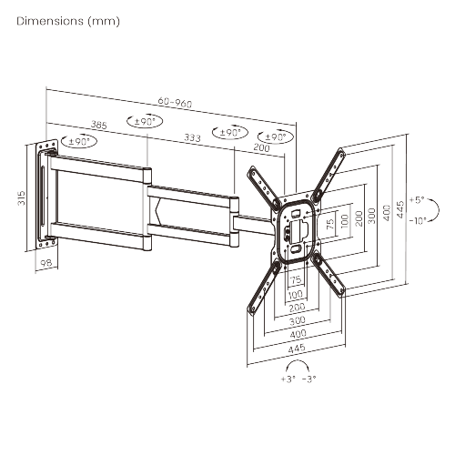 Support mural TV Full-Motion extra long jusqu'à 65 pouces pour Samsung | Jusqu'à 95 cm du mur ! | VESA max 400x400