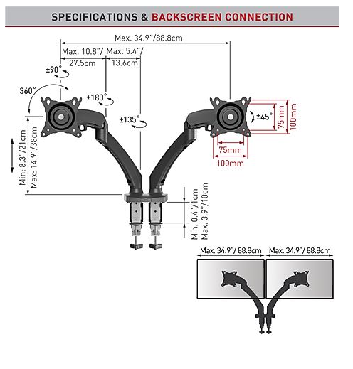 Barkan Mounts Dubbele monitor arm met bureaubevestiging |tot 29 inch |2 schermen |Gasveer