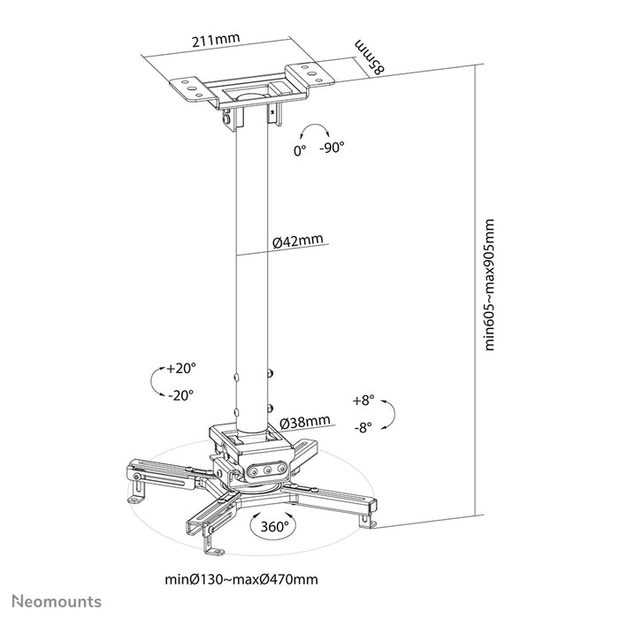 Neomounts CL25-540BL1 universele projector plafondsteun, hoogteverstelbaar (60,5-90,5 cm) - Zwart