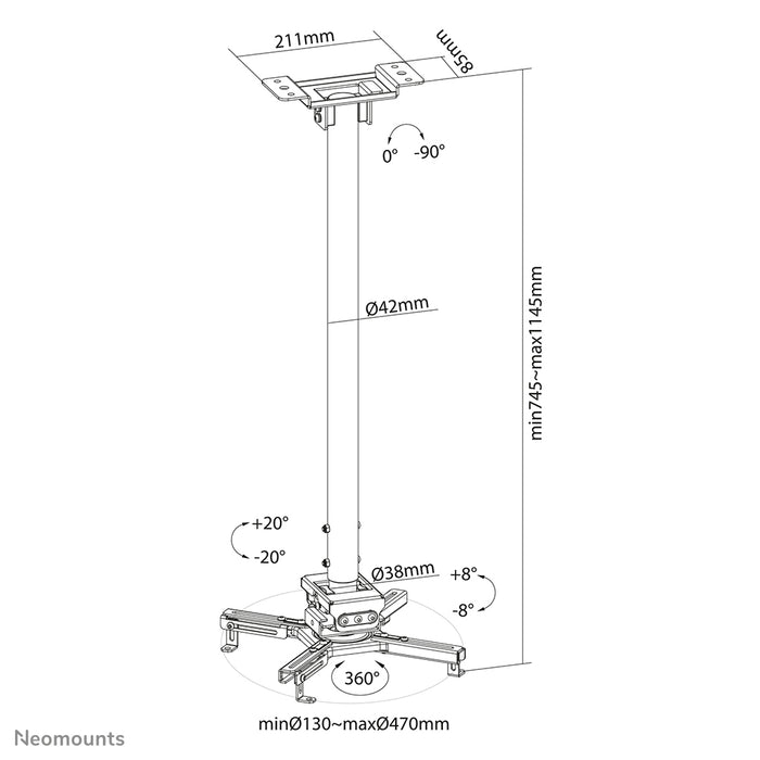 Neomounts CL25-550BL1 universele projector plafondsteun, hoogteverstelbaar (74,5-114,5 cm) - Zwart