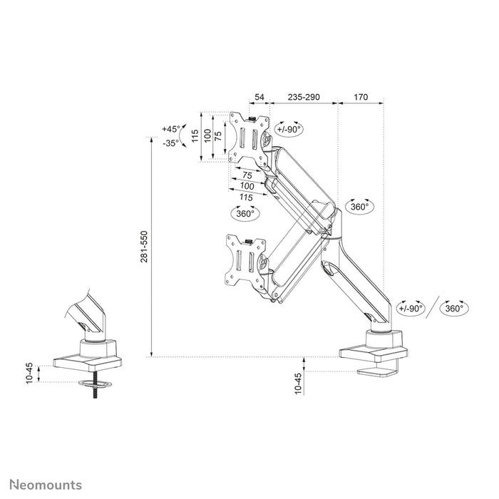 Neomounts DS70-450WH1 full motion monitor bureausteun voor 17-42 inch schermen - Wit