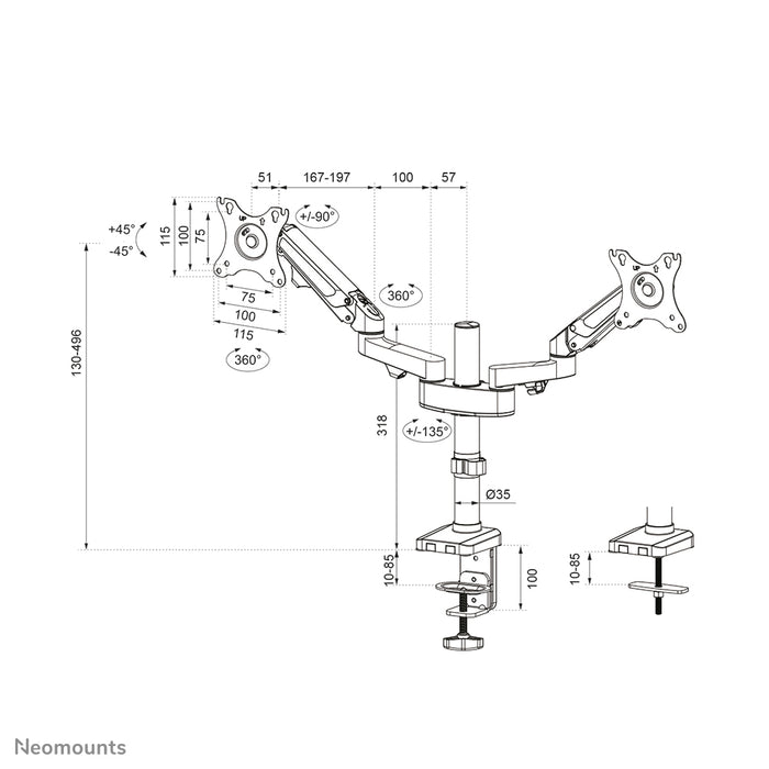 Neomounts DS70-750BL2 full motion monitor bureausteun voor 17-27 inch schermen - Zwart