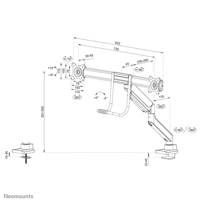 Neomounts DS75-450BL2 full motion monitor bureausteun voor 17-32 inch schermen - Wit