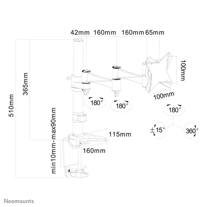 Neomounts FPMA-D1330 zilver is een bureausteun met 3 draaipunten voor flat screens t/m 30 inch (76 cm).