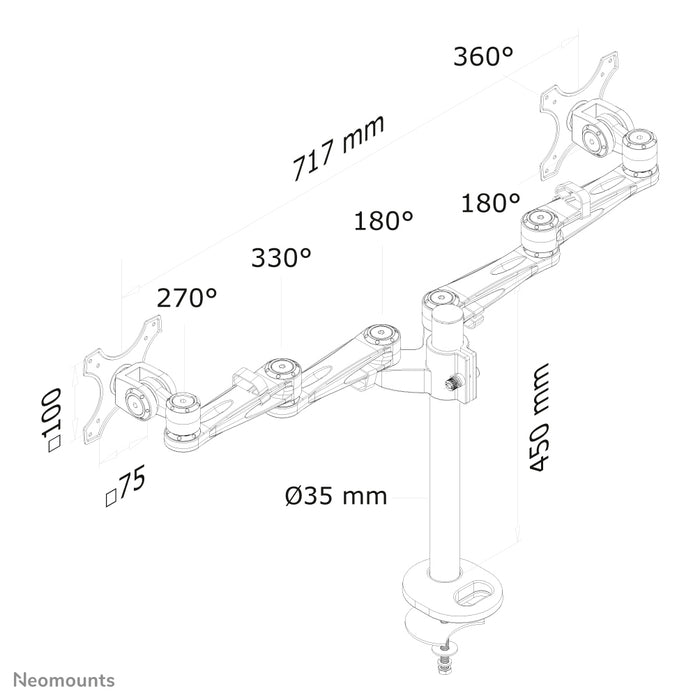 Neomounts FPMA-D935DG is een bureausteun voor 2 flat screens t/m 27 inch (69 cm).