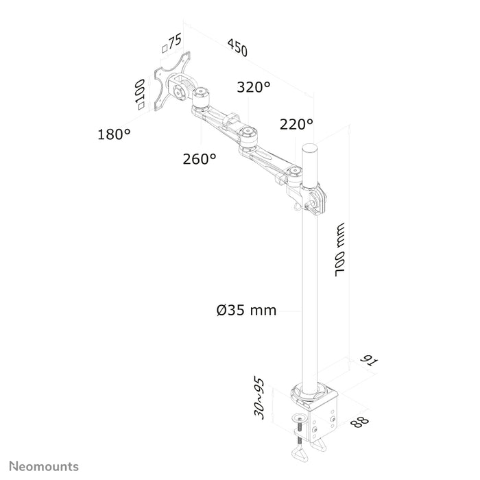 Neomounts FPMA-D935POLE70 is een bureausteun met 3 draaipunten voor flat screens t/m 30 inch (76 cm).