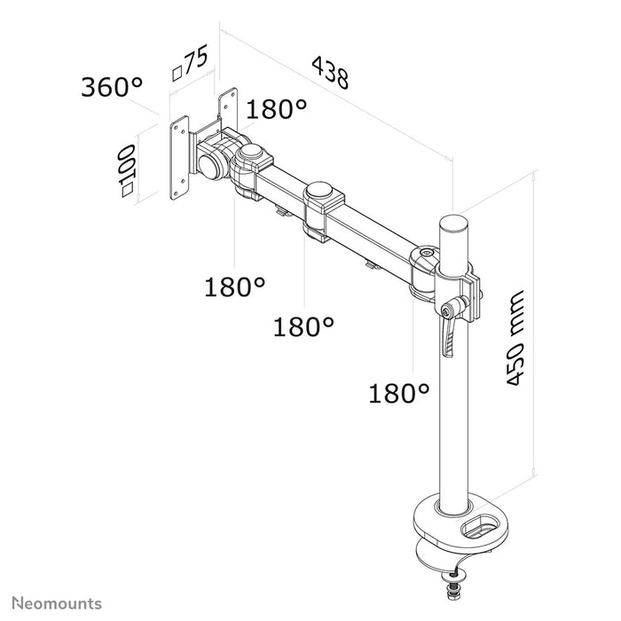 Neomounts FPMA-D960G is een bureausteun met 3 draaipunten voor flatscreens t/m 30 inch (76 cm).