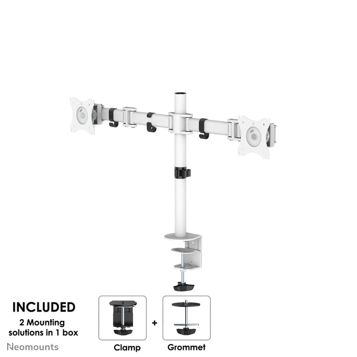 Neomounts NM-D135Dwhite is een bureausteun voor 2 flat screens t/m 27 inch (69 cm).