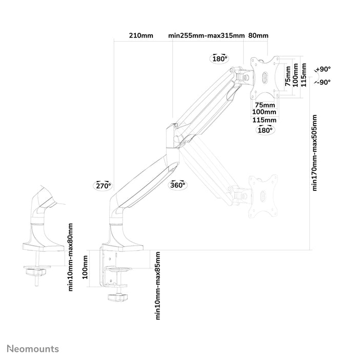 Neomounts NM-D750 zwart is een bureausteun met gasveer voor flat screens t/m 32 inch (82 cm).