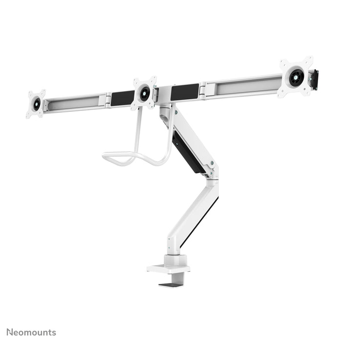 Neomounts NM-D775DX3white is een gasgeveerde bureausteun met crossbar en hendel voor flat screens t/m 27 inch (68,6 cm).