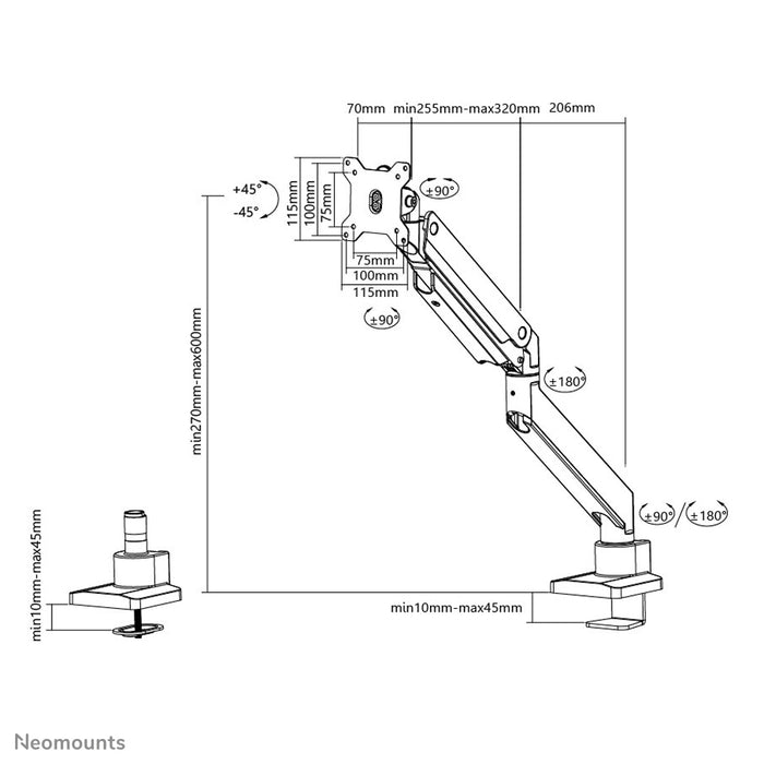 Neomounts NM-D775 zilverPLUS is een gasgeveerde bureausteun voor curved monitors t/m 49 inch (124 cm) - Zilver