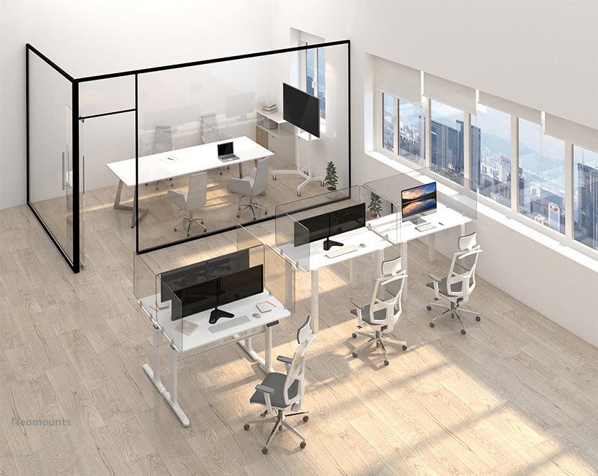 Neomounts NS-GLSPROTECT100 is een duurzaam glazen scherm van 100 cm dat afstandsbescherming biedt op de werkvloer - Gehard, transparant glas, 100% recyclebaar