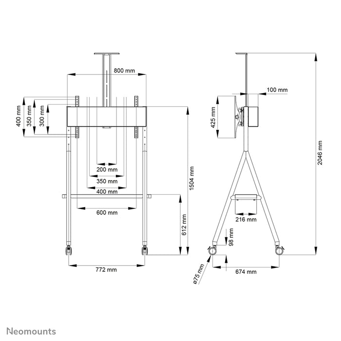 Neomounts NS-M1500 wit is een verrijdbaar meubel voor flat screens t/m 65 inch (165 cm). Incl. laptop plateau - Wit