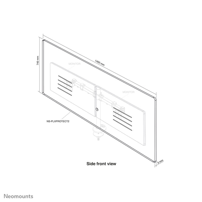 Neomounts NS-PLXPROTECT2 is een transparant scherm t.b.v. 2 flat screens en biedt afstandsbescherming op de werkvloer - Transparant acrylaat, 100% recyclebaar | PLXPROTECT van is geregistreerd als EU-Design patent |
