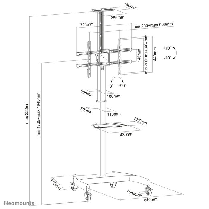 Neomounts PLASMA-M1900E is een verrijdbaar meubel voor flat screens t/m 70 inch (178 cm), 90° rotatie - Zwart