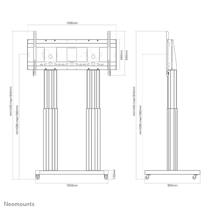 Neomounts PLASMA-M2600 zwart is een elektrisch in hoogte verstelbare trolley voor flat screens t/m 120 inch (305 cm).