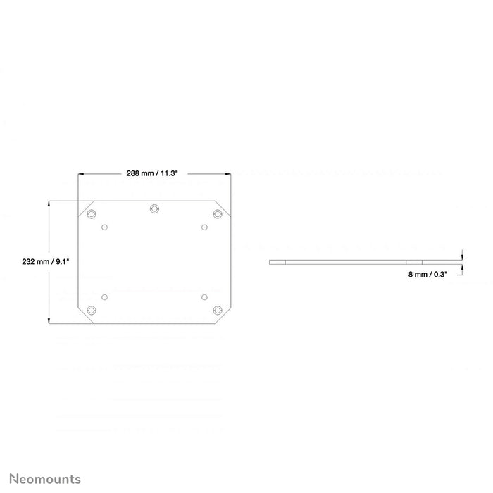 Neomounts PLASMA-M2SFPLATE is een vloerplaat voor de 2250 en 2500-serie elektrisch in hoogte verstelbare trolley en vloerstandaard.