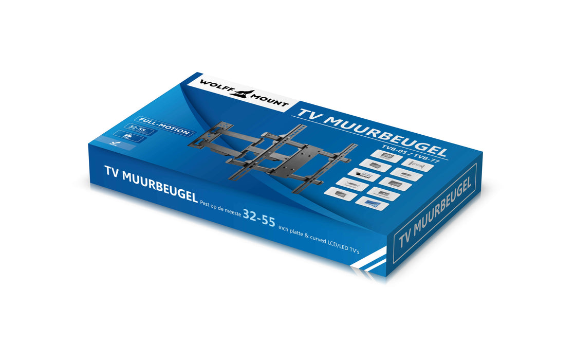 Verpakking van de TV Muurbeugel TVB-05. Een blauwe doos met witte tekst en een foto van de beugel