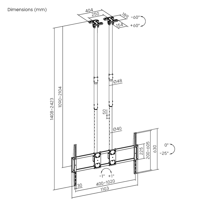 Plafondbeugel Heavy Duty XL met dubbele buis 60-120 inch en 120kg draagvermogen