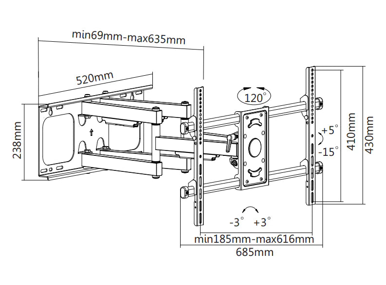 Wolff Mount Sterke TV Muurbeugel 37 t/m 90 inch |63 cm uit de muur |Draaibaar |tot 60 kilo |VESA 600x400 |Universeel