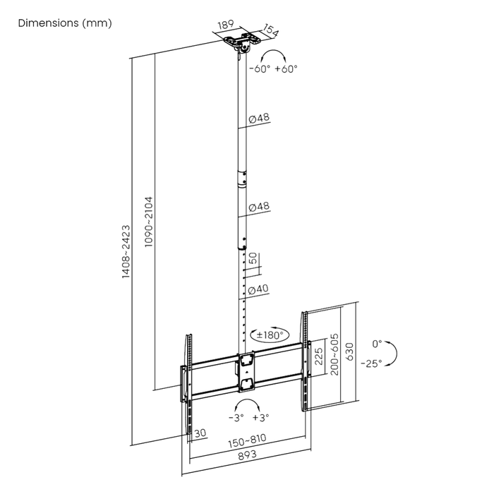 Wolff Mount Plafondbeugel 50-100 inch – Universeel voor Samsung, Philips, LG, TCL & Hisense
