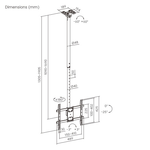 Wolff Mount |Universele Plafond TV Beugel |Tot 55 Inch |Draai- Kantelbaar en Verstelbaar in Hoogte |VESA 400x400 |Kabel door de buis